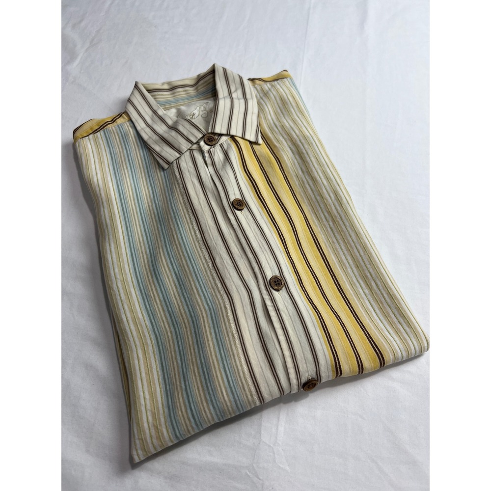 Tommy Bahama Button Down Shirt Mens Large Yellow Blue Striped Short Sleeve F12